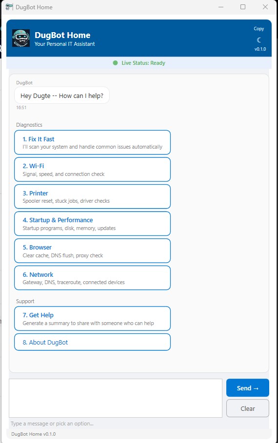 DugBot Home app showing the main menu with diagnostics options including Fix It Fast, Wi-Fi, Printer, Startup & Performance, Browser, and Network checks